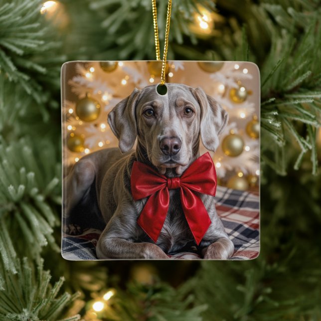 Ornamento De Cerâmica Christmas Weimaraner Dog With Red Bow (Árvore)