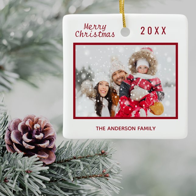 Ornamento De Cerâmica Christmas white red photo family elegant simple (Criador carregado)
