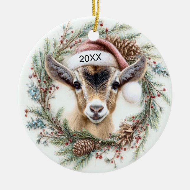 Ornamento De Cerâmica Christmas Wreath Baby Goat  (Frente)