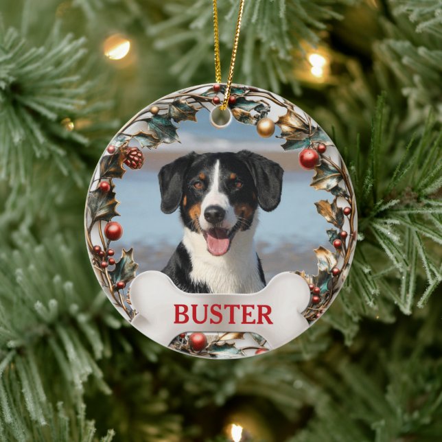 Ornamento De Cerâmica Christmas Wreath Dog Photo Tree Ornament (Árvore)