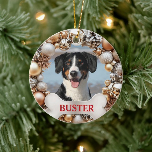 Ornamento De Cerâmica Christmas Wreath Dog Photo Tree Ornament (Árvore)
