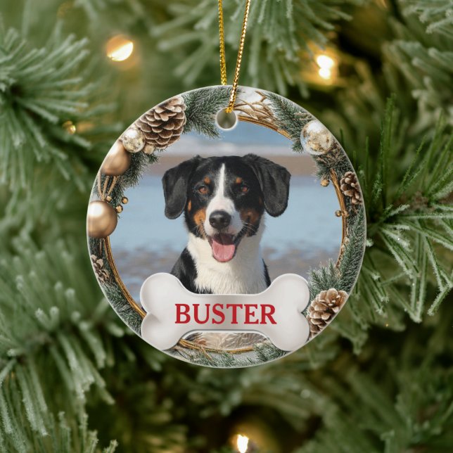 Ornamento De Cerâmica Christmas Wreath Dog Photo Tree Ornament (Árvore)