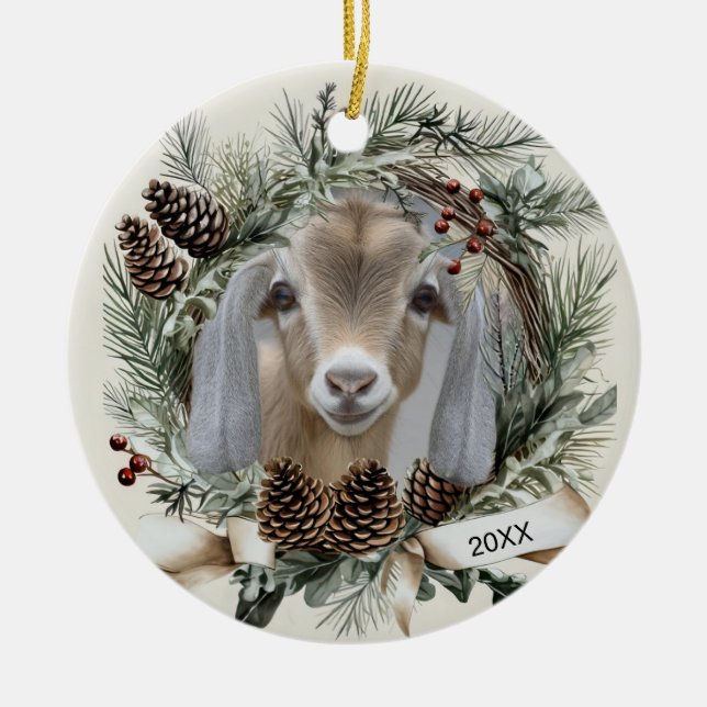 Ornamento De Cerâmica Christmas Wreath Nubian Goat  (Frente)
