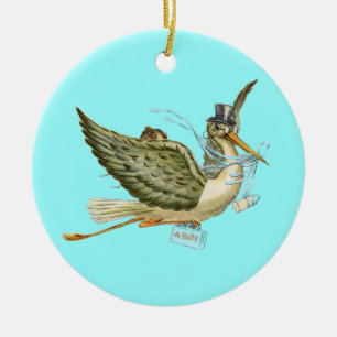 Ornamento De Cerâmica CHUVA DE BEBÊ MENINO STORK MONOGRAMA  Azul Aquamar