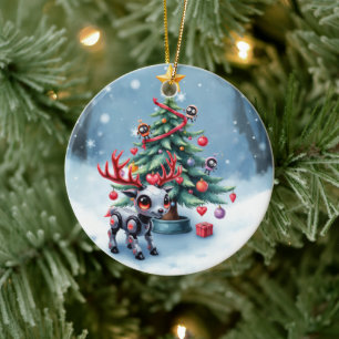 Ornamento De Cerâmica Ciberpunk Reindeer bonito com Árvore de Natal