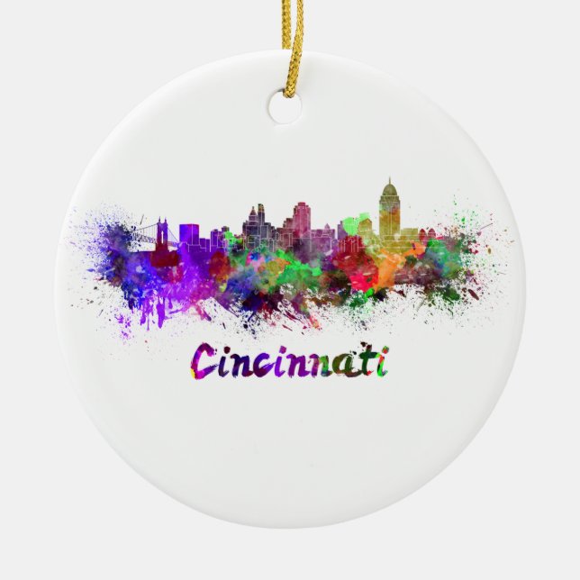 Ornamento De Cerâmica Cincinnati skyline em aquarela (Frente)