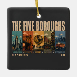 Ornamento De Cerâmica Cinco Bairros Nova York NYC Ilustração Retro