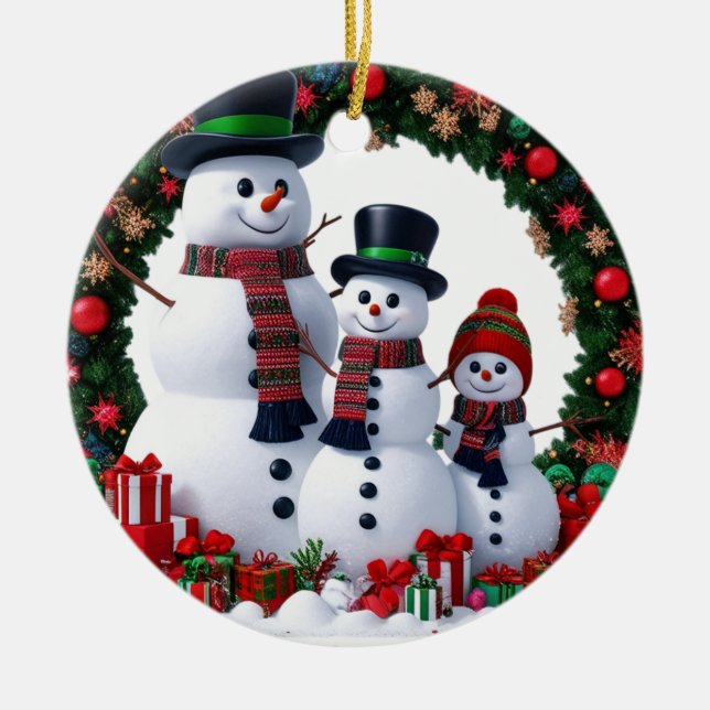Ornamento De Cerâmica Cinematic Family of 3 Snowman Christmas Wreath  (Frente)