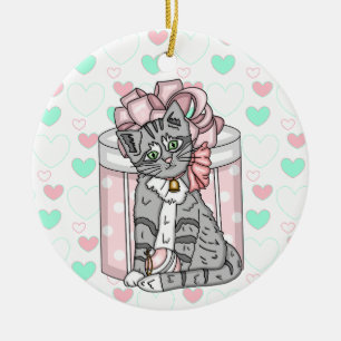 Ornamento De Cerâmica Cinza de Natal Personalizado Gatinho, Arco Rosa