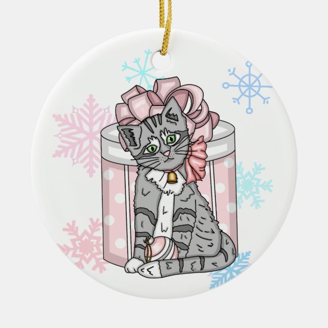 Ornamento De Cerâmica Cinza de Natal Personalizado Gatinho, Arco Rosa (Frente)