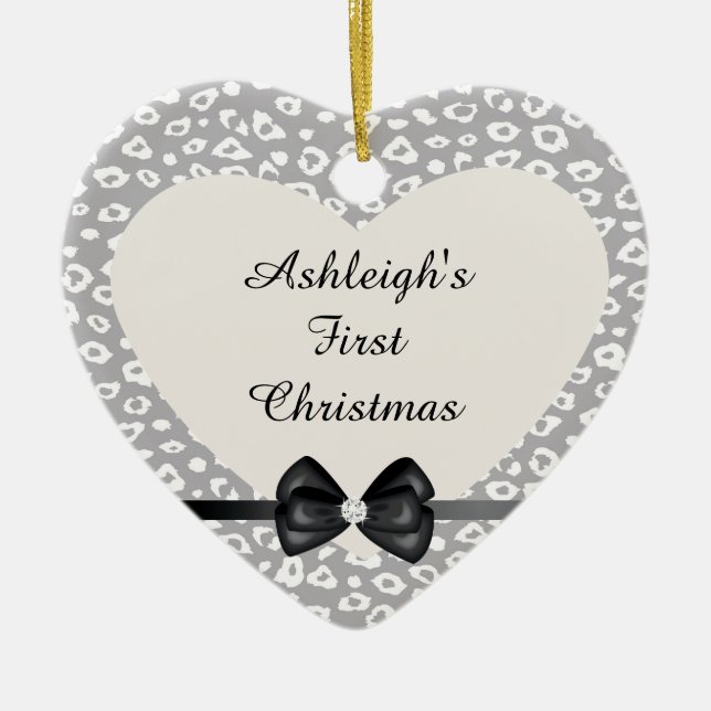 Ornamento De Cerâmica Cinza e Leopardo Branco Impressão com Arco (Frente)