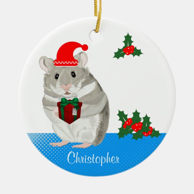 Ornamento De Cerâmica Cinza Hamster personalizado Natal (Frente)
