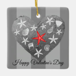 Ornamento De Cerâmica Cinza Stripe Tema Costeiro Seashell Starfish Coraç