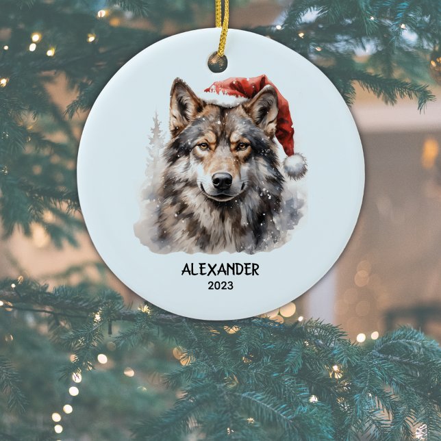 Ornamento De Cerâmica Cinza Wolf Red White Santa Hat Personalizado (Add Name and Year (or other text) to personalize. Or delete text if not required. )