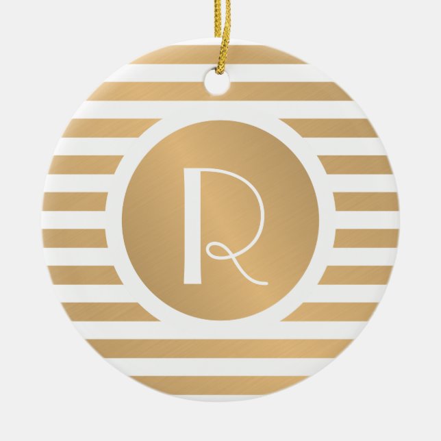 Ornamento De Cerâmica Circular Monograma Dourado e Stripes Brancas (Frente)