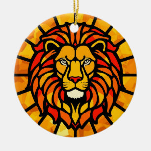Ornamento De Cerâmica Círculo de Explosão Solar com Leão Majestoso em De