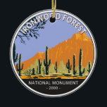 Ornamento De Cerâmica Círculo de Vintagem Nacional da Floresta de Ironwo<br><div class="desc">Trabalho de arte de vetor de floresta de Ironwood. O parque fica no deserto de Arizonas de Sonoran.</div>