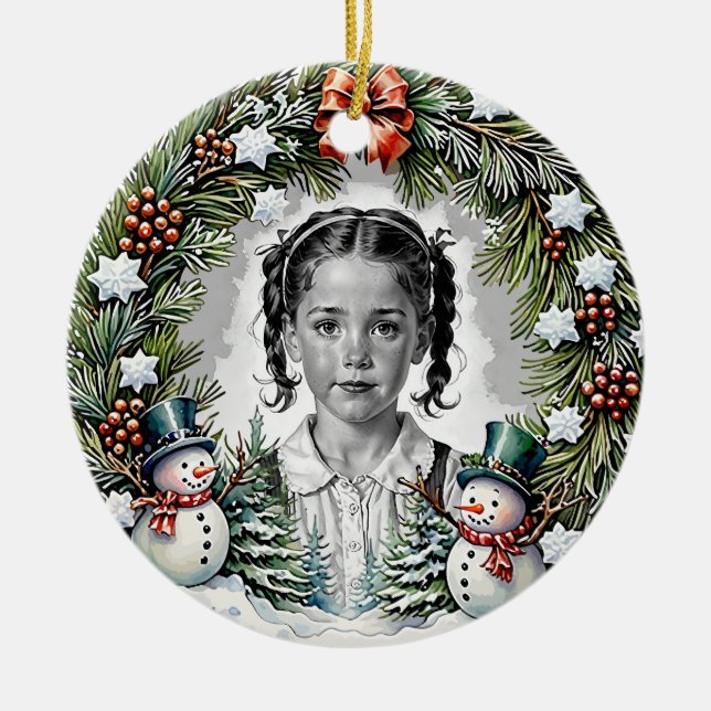 Ornamento De Cerâmica Círculo Fotográfico de Natal Personalizado de Pine (Frente)