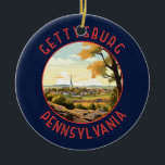 Ornamento De Cerâmica Círculo Retro em Distância de Gettysburg Pensilvân<br><div class="desc">Design de viagem de vetor retrô de Gettysburg em estilo emblem. É conhecido pelo Batefield Nacional de Gettysburg,  local de um ponto de viragem na Guerra Civil,  agora parte do Parque Militar Nacional de Gettysburg.</div>