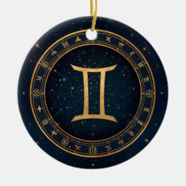 Ornamento De Cerâmica Círculo Zodiacal Gêmeos Dourados Com Noite Estrela