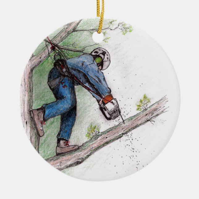Ornamento De Cerâmica Cirurgião Arborista Árvore Chainsaw (Frente)
