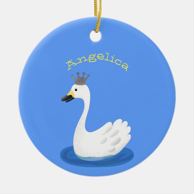 Ornamento De Cerâmica Cisne branco bonito com desenho animado (Frente)