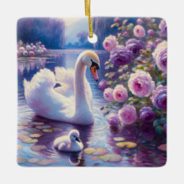 Ornamento De Cerâmica Cisne branco e Cygnet com Rosas roxos