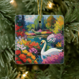 Ornamento De Cerâmica Cisne num lago cercado por flores