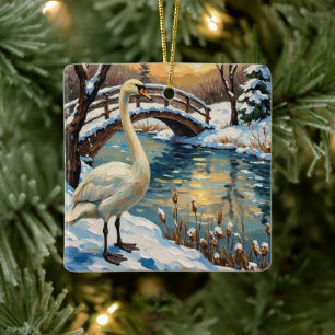 Ornamento De Cerâmica Cisne Vintage por Pintura de Natal da Ponte Nevada