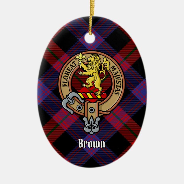 Ornamento De Cerâmica Clan Brown Crest sobre Tartan (Frente)