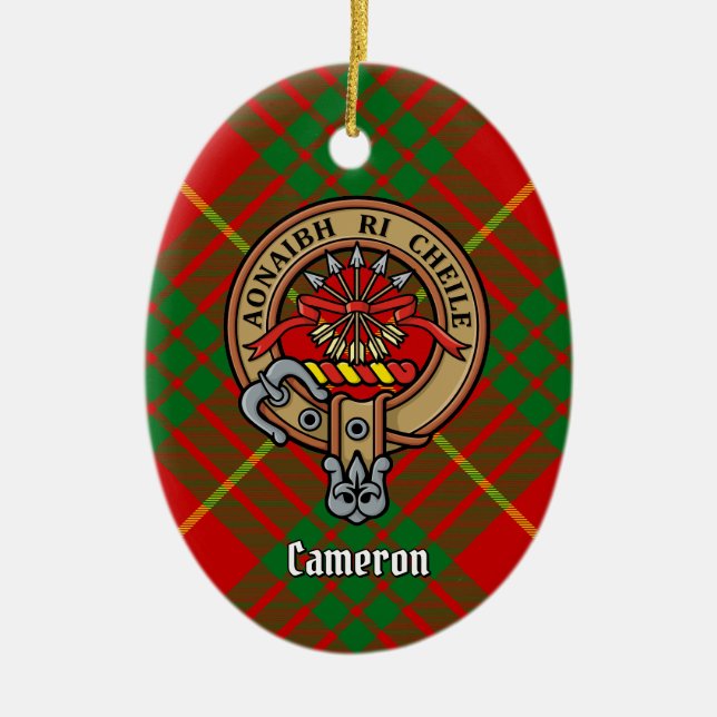 Ornamento De Cerâmica Clan Cameron Crest sobre Tartan (Frente)