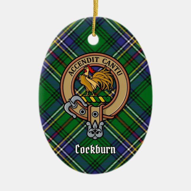 Ornamento De Cerâmica Clan Cockburn Crest sobre Tartan (Frente)