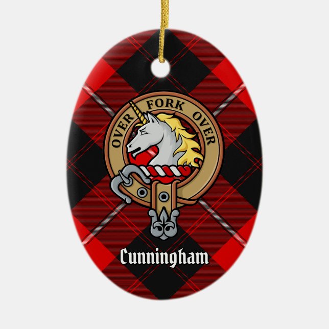 Ornamento De Cerâmica Clan Cunningham Crest sobre Tartan (Frente)