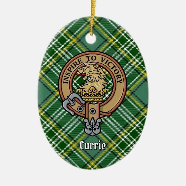 Ornamento De Cerâmica Clan Currie Lion Crest sobre Tartan (Frente)