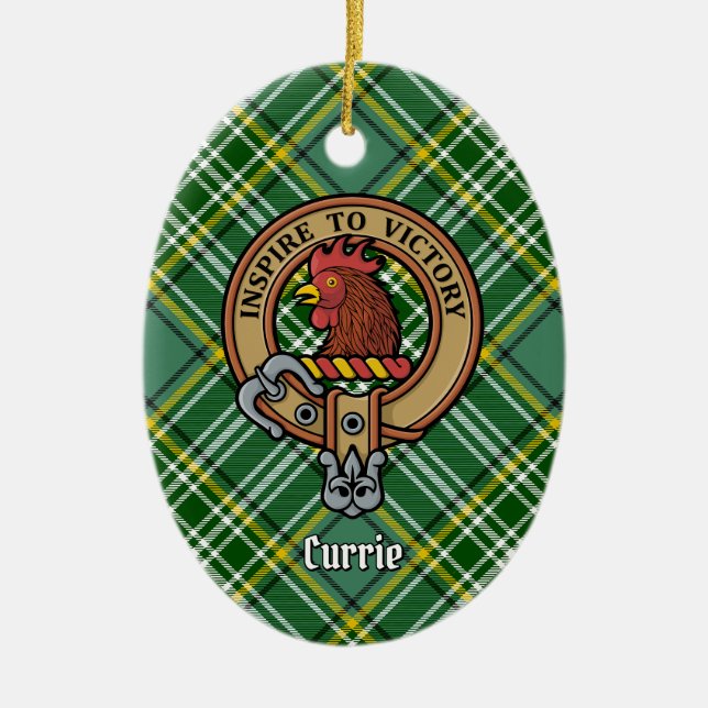 Ornamento De Cerâmica Clan Currie Rooster Crest sobre Tartan (Frente)