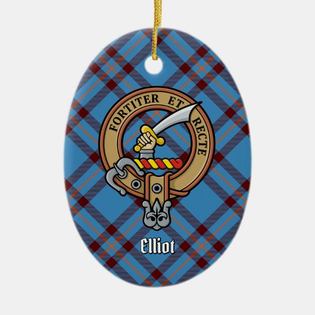 Ornamento De Cerâmica Clan Elliot Crest sobre o Antigo Tartan (Frente)
