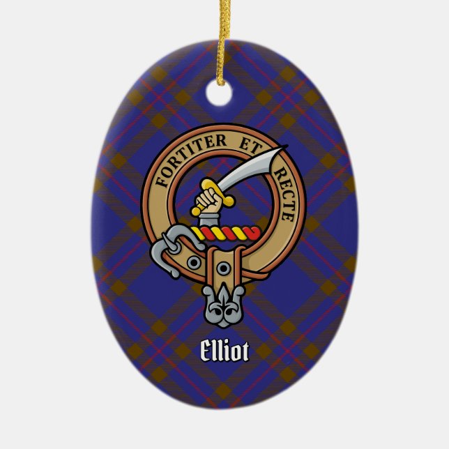 Ornamento De Cerâmica Clan Elliot Crest sobre Tartan Moderno (Frente)