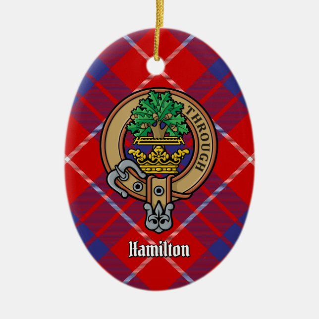 Ornamento De Cerâmica Clan Hamilton Crest sobre o Red Tartan (Frente)
