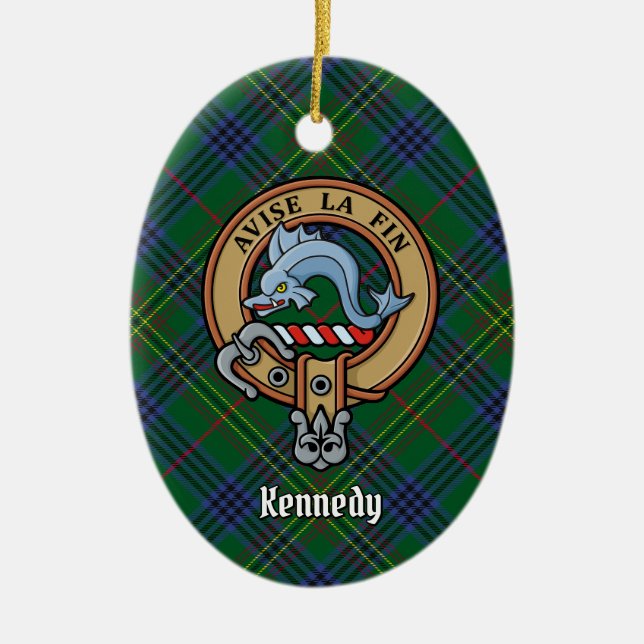 Ornamento De Cerâmica Clan Kennedy Crest sobre Tartan (Frente)