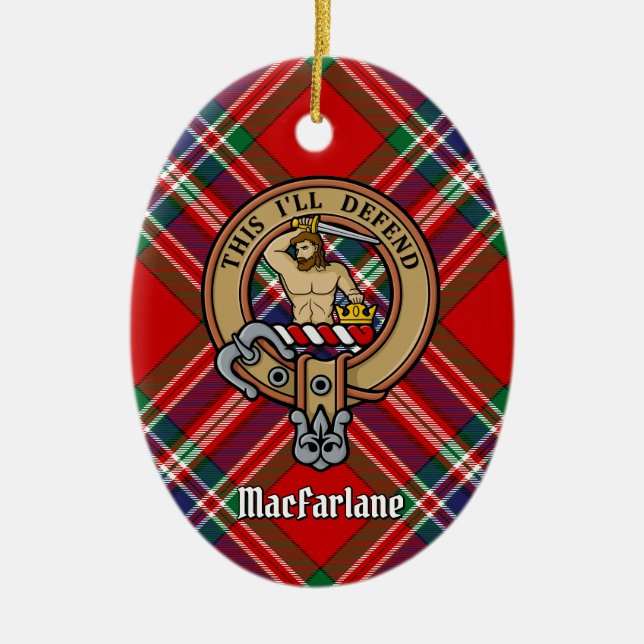 Ornamento De Cerâmica Clan MacFarlane Crest sobre Red Tartan (Frente)