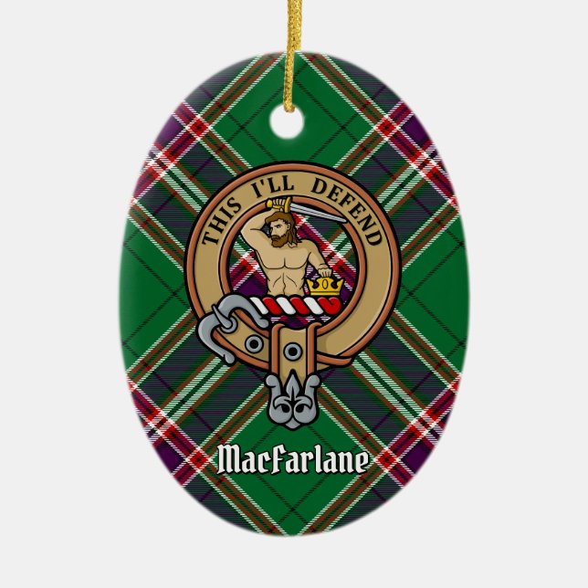 Ornamento De Cerâmica Clan MacFarlane Crest sobre Tartan de caça moderna (Frente)