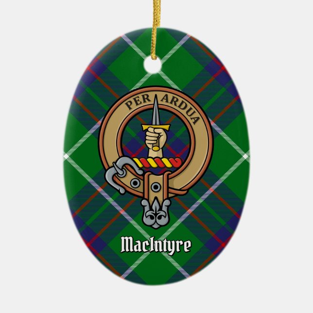Ornamento De Cerâmica Clan MacIntyre Crest sobre caçar Tartan (Frente)