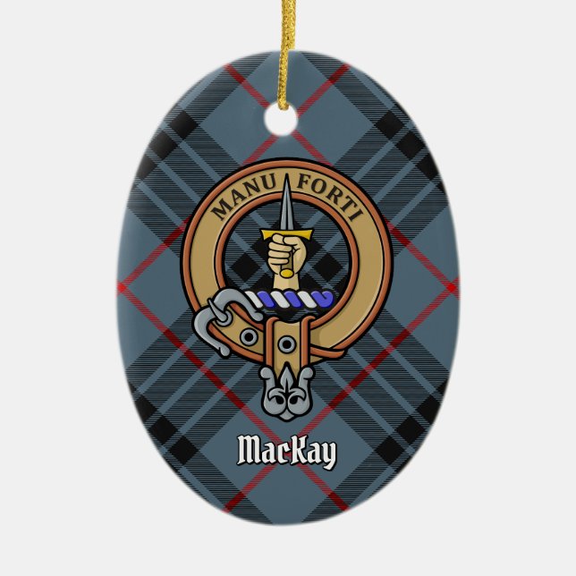 Ornamento De Cerâmica Clan MacKay Crest sobre Blue Tartan (Frente)