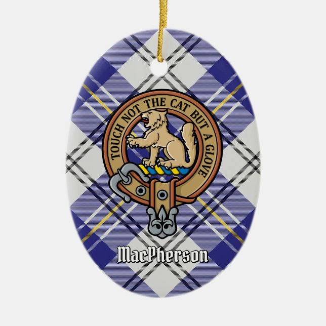 Ornamento De Cerâmica Clan MacPherson Crest sobre Blue Dress Tartan (Frente)