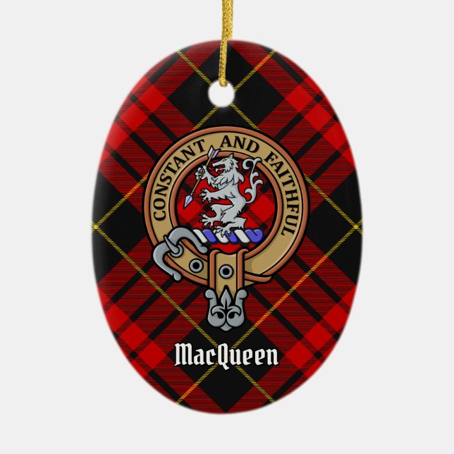 Ornamento De Cerâmica Clan MacQueen Crest sobre Tartan (Frente)