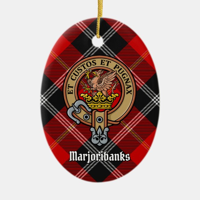 Ornamento De Cerâmica Clan Marjoribanks Crest sobre Tartan (Frente)