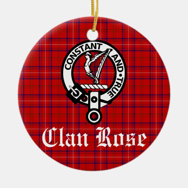 Ornamento De Cerâmica Clan Rosa Crest e Tartan personalizados (Frente)