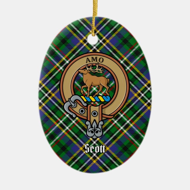 Ornamento De Cerâmica Clan Scott Crest sobre Green Tartan (Frente)