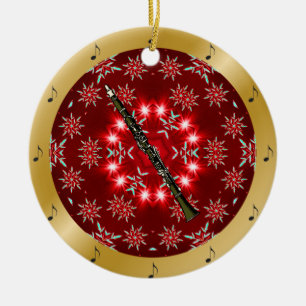 Ornamento De Cerâmica Clarinete ~ Prata ~ Vermelho ~ Dourado ~ Natal ~