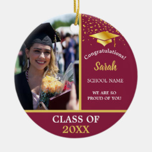 Ornamento De Cerâmica Classe de Foto de Graduação Vermelha e Dourada M